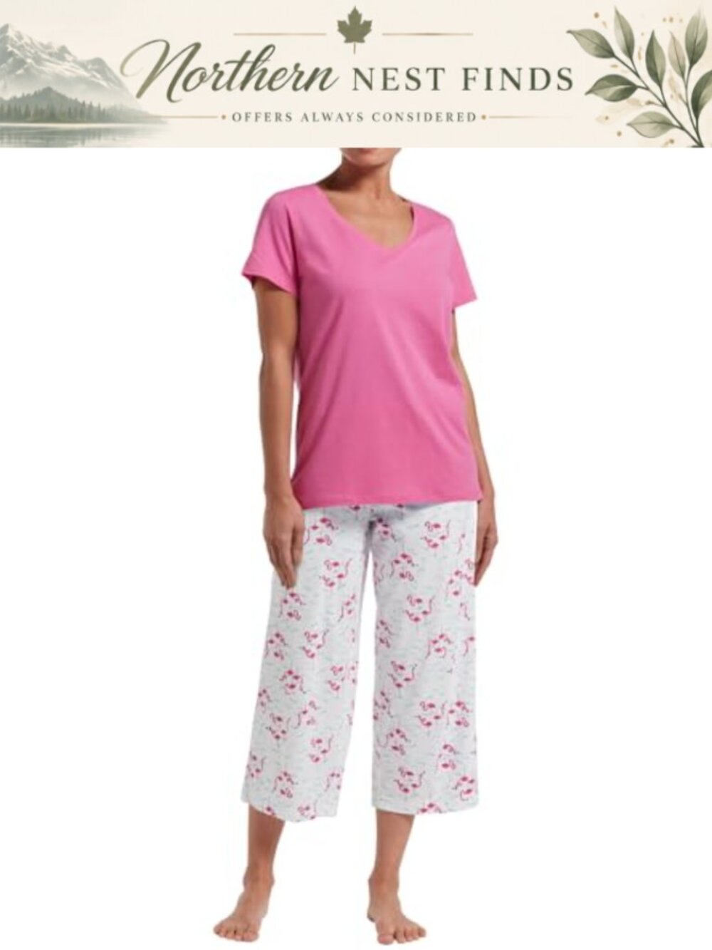 Women's 2 Piece Pajama Set V-Neck Tee Capri Pant Temperature Control